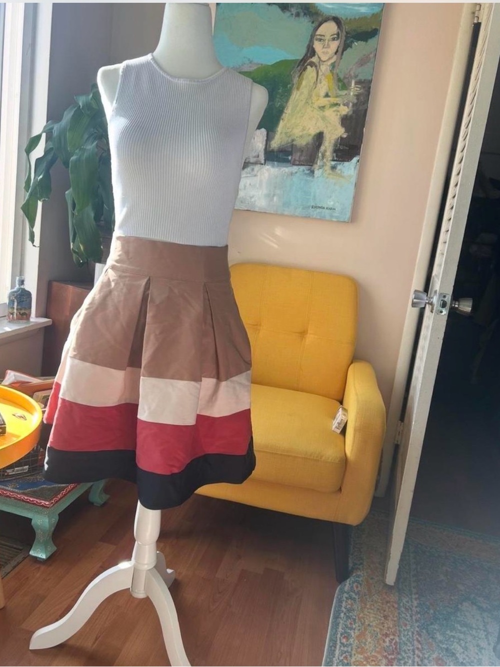 Zara Colorblock Pleated Skirt in Tan, Blush, Red & Black